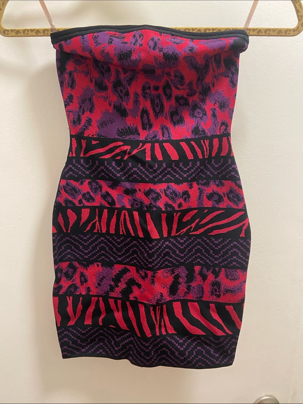 Guess by Marciano Strapless Bodycon Dress in Red & Purple Animal Print